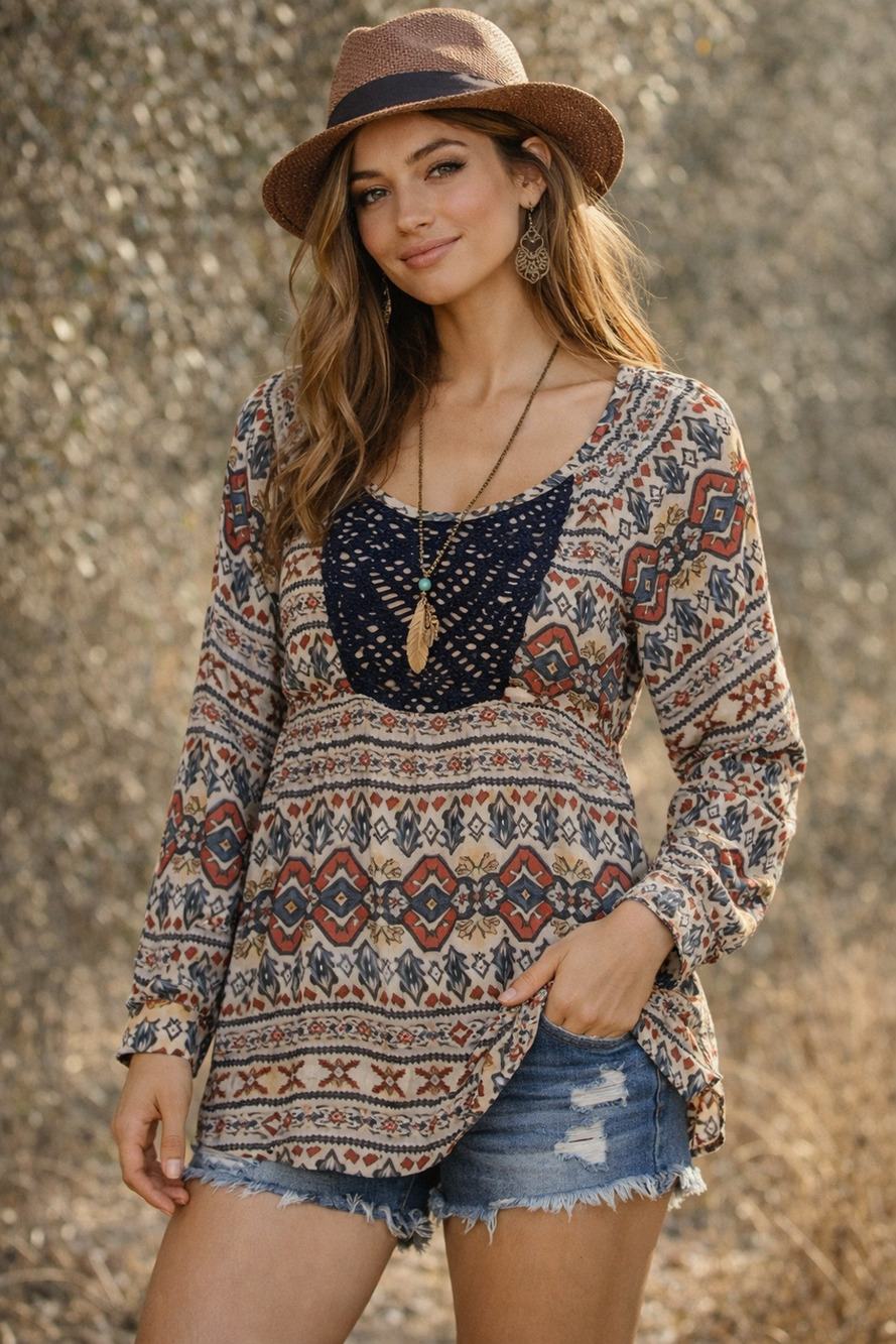 inLUV Bohemian Tribal Print Tunic Blouse Empire Waist Long Sleeves size Large
